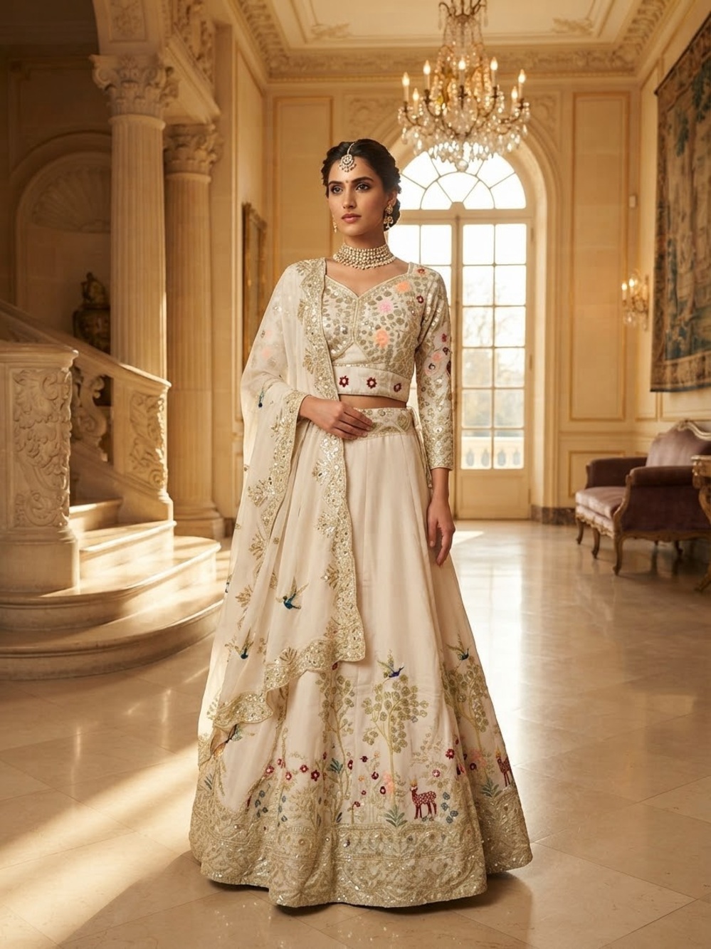 Light Pink Flowery Embroidered Net Lehenga Set